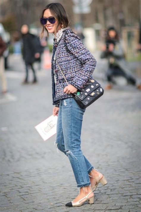 how to wear a chanel jacket with jeans|chanel white denim jacket.